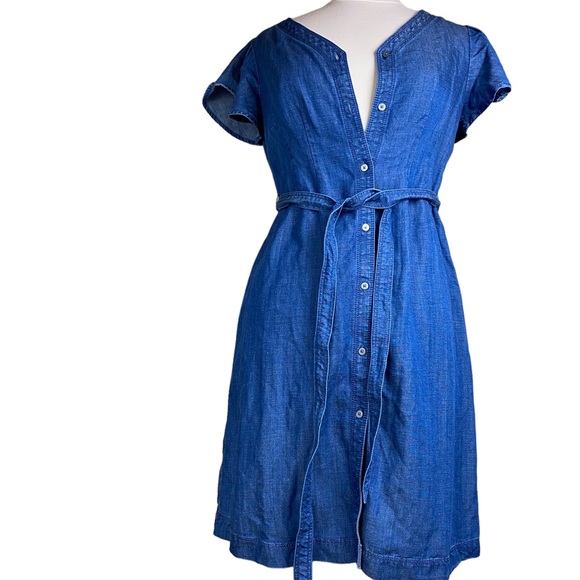 Loft Chambray Linen Blend Dress Sz 0M Short Sleeve Belted - Picture 2 of 5